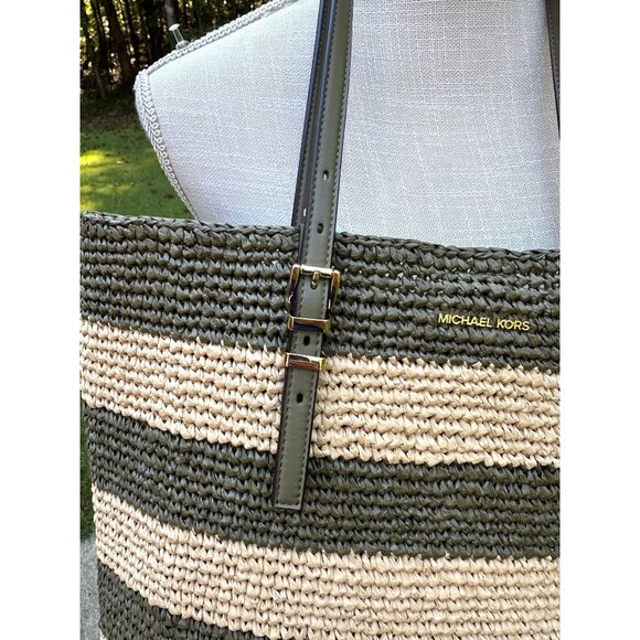 Michael Kors Quinn Large Safari Green Crochet Straw Tote Beach Bag 30S5GQNT7W - Picture 6 of 16